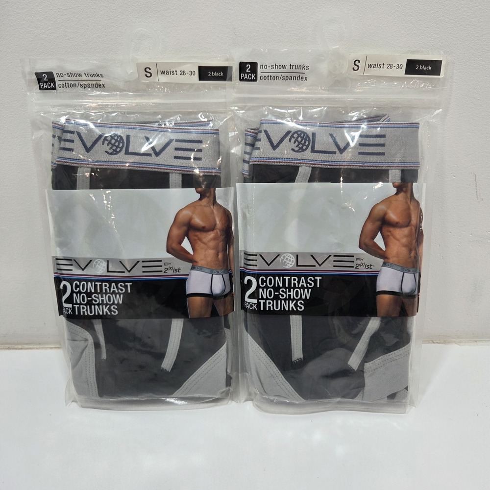 2 Evolve Mens Cotton Spandex No Show Trunks 2 Pk Small 28-30 Black New NOS